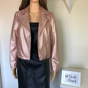 NWOT Rose Gold Faux Leather Biker Jacket Forever21 Sz S Barbiecore Pink Jacket